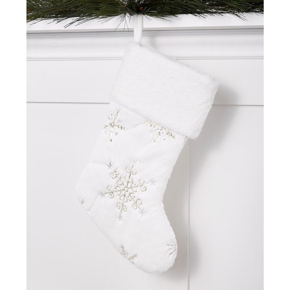 Holiday Lane Sparkle & Shine White Plush Sequins & Snowflakes Stocking NWT